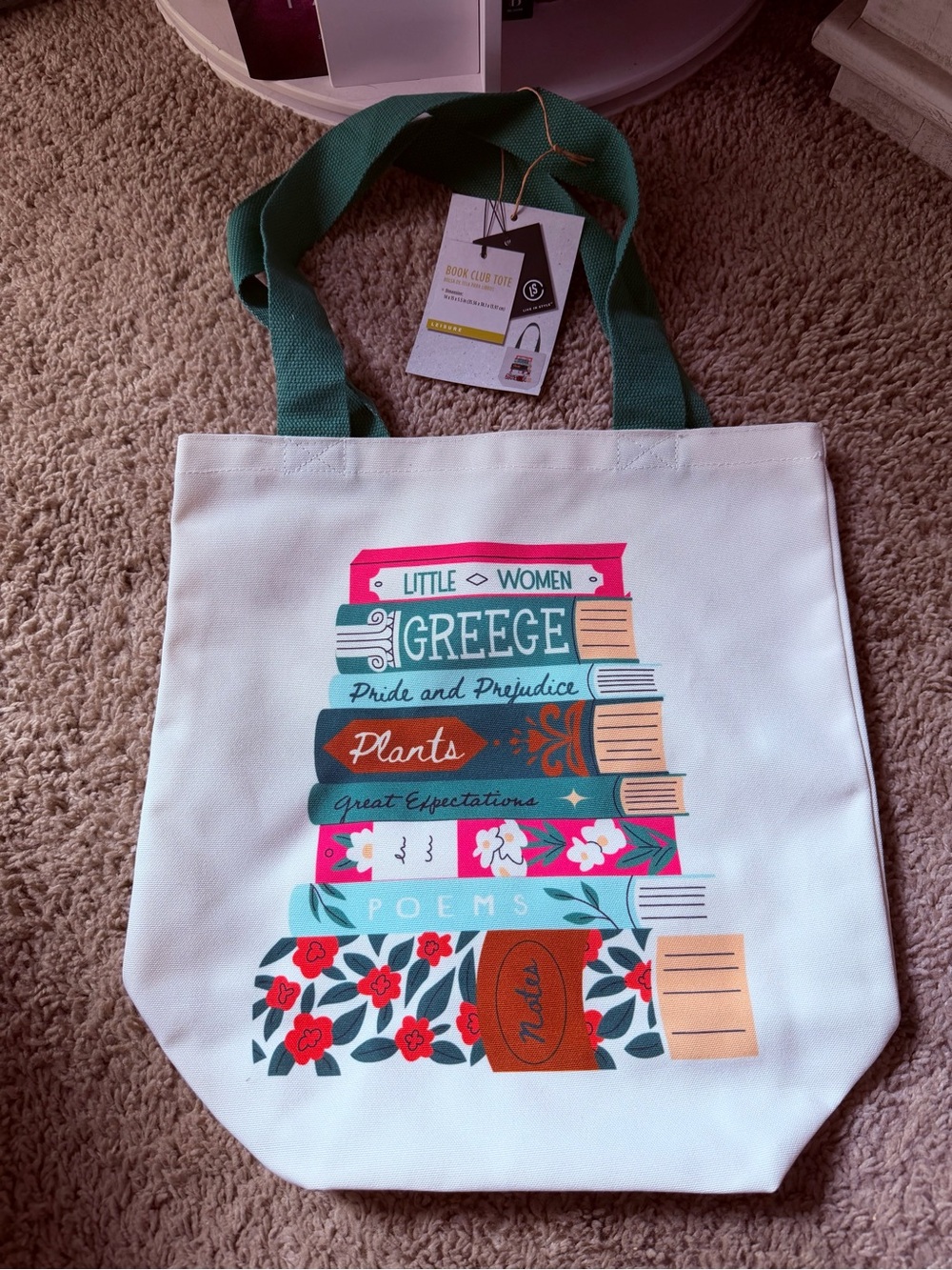 Canvas Book Stack Tote Bag with Green Handles - Unbranded